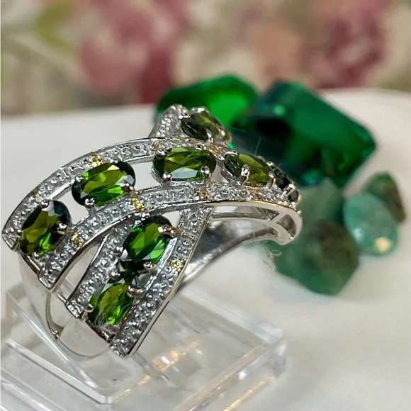 2.22ct Tsavorite & Sapphire Silver Ring 925  size 8 - Picture 6 of 12